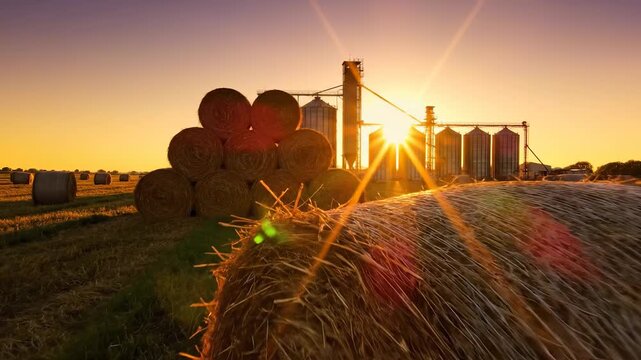 The sun sets behind large silos, casting a warm light over stacked hay bales in a field. The hay bales and silos create a tranquil agricultural setting in the fading light.