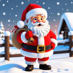 Santa joyfully walking through snowy forest with gift sack near cozy cabin in magical winter wonderland