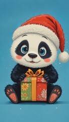 A cute cartoon panda wearing a Santa hat sits with a colorful gift box. The background is a bright blue with snowflakes.