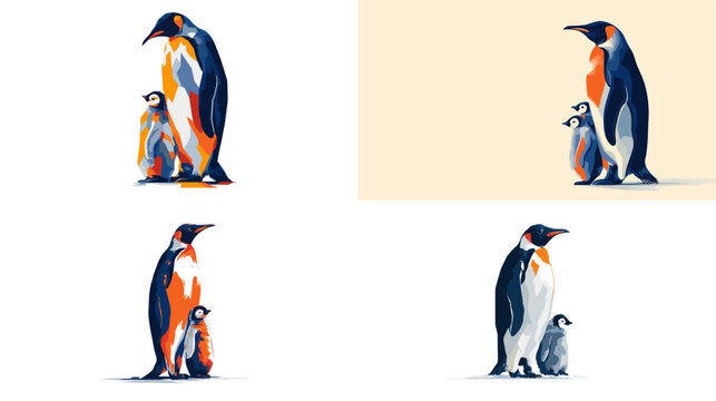 Elegant illustration of adult and baby penguins standing together with bold colors and clean shapes. Stylish wildlife artwork showing warmth, companionship, and arctic life.