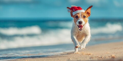 Excited dog wearing Santa hat running on sandy beach near ocean waves