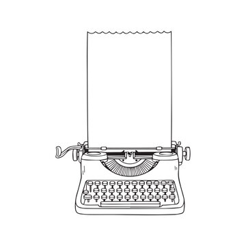 Hand drawn sketch of a vintage typewriter with blank paper sheet. Retro writing machine doodle illustration with empty page for text isolated on white background.

