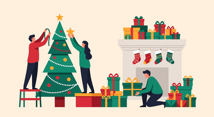 People decorating a Christmas tree and fireplace with gifts.