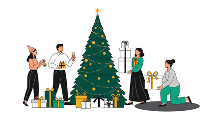 People Decorating Christmas Tree with Gifts and Festive Cheer.