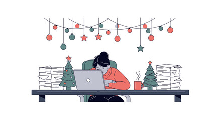 Overworked woman at desk during Christmas season.