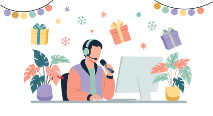 Person Speaking into Microphone with Gifts and Decorations.