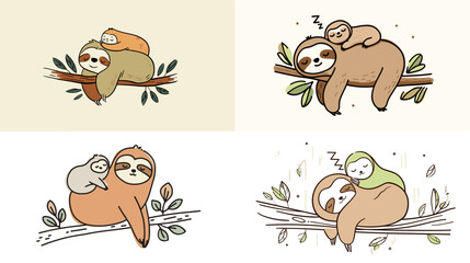 Fototapeta premium Adorable illustration set of sloths resting and cuddling on tree branches with their babies. Perfect for children themes, cute characters, nursery art, and friendly animal designs.