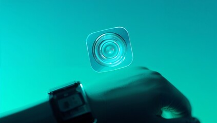 Futuristic camera app icon hovering above hand with smartwatch in vibrant blue light, suggesting tech innovation and modern digital lifestyle branding