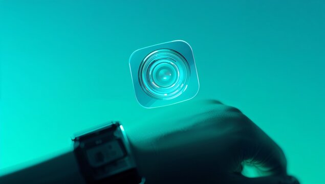 Futuristic camera app icon hovering above hand with smartwatch in vibrant blue light, suggesting tech innovation and modern digital lifestyle branding