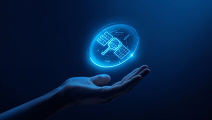Innovative satellite technology floats above hand, representing future communication networks and advancements in global connectivity with a futuristic glow