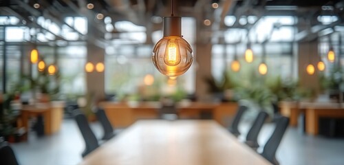 Retro Edison Bulb in Modern Office Space | Warm Lighting & Open Conference Room Design | Ideal for Corporate Branding & Remote Work Scenarios