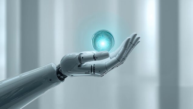 Futuristic robot hand holding glowing orb of technology and innovation, representing artificial intelligence and the future of digital transformation