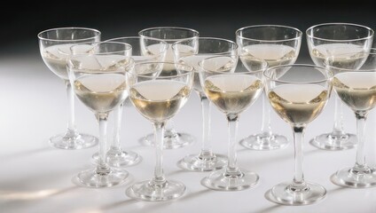 Group of elegant wine glasses filled with white wine for a tasting event.