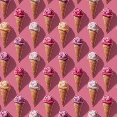 Sweet ice cream cones on a bright pink background, stylish and delicious dessert, seamless pattern