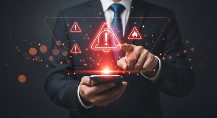 Businessman interacting with digital interface displaying urgent alerts and warning symbols on a smartphone screen