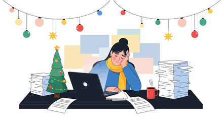 Stressed woman working during Christmas holidays with laptop and paperwork.