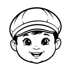 Black and white cartoon illustration of a happy boys face wearing a cap.
