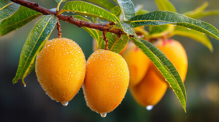 Fresh yellow fruit with water drops on tree