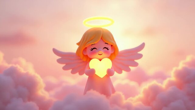 Cute angel smiling holding glowing red heart with golden halo wings on fluffy pink clouds heavenly scene, joyful illustration, concept of Valentines day, Christmas greeting card