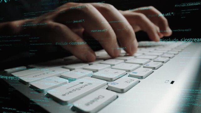 A close-up view of hands typing on a laptop keyboard, surrounded by streams of code and programming elements, illustrating the essence of modern technology and digital creativity. Xenic - Powered by Adobe