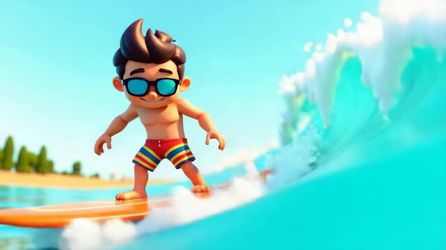 A fun 3D cartoon-style illustration of a surfer catching a giant wave with exaggerated motion and a dynamic pose. Playful summer energy.   