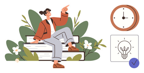Woman seated on books, pointing upward, surrounded by plants, clock, and lightbulb. Ideal for education, time management, study planning innovation focus productivity self-improvement. Simple