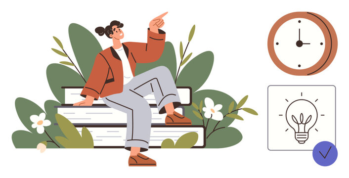 Woman seated on books, pointing upward, surrounded by plants, clock, and lightbulb. Ideal for education, time management, study planning innovation focus productivity self-improvement. Simple