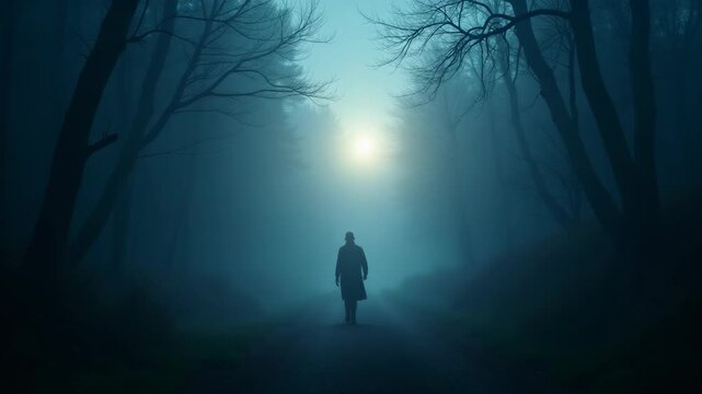 Solitary pilgrim walking along a misty forest path at twilight. A subtle, radiant light forms a gentle, guiding aura around them suggestive of the Holy Spirit leading the way. 
