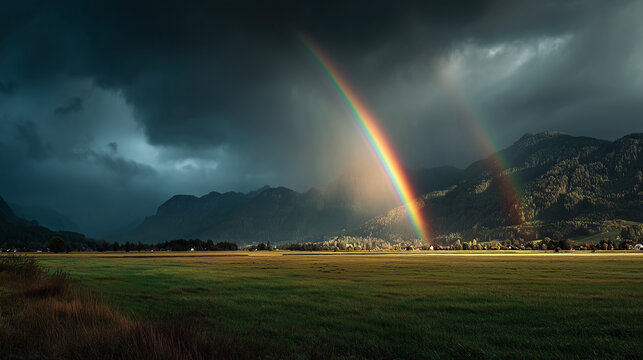 Stunning double rainbow arching over a vibrant green field with mountains in the background, a breathtaking landscape scene under a dramatic sky, nature's beauty captured.
