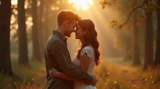 Loving couple sharing a quiet moment of reconciliation in a serene, sunlit park. 
