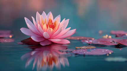 Serene Pink Water Lily Floating on Calm Water: A Beautiful and Tranquil Scene of Nature's Beauty, Perfect for Meditation, Relaxation, and Peaceful Moments, with Reflections and Soft Lighting