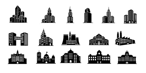 Collection of stylized white building silhouettes representing city skylines isolated on white background silhouette