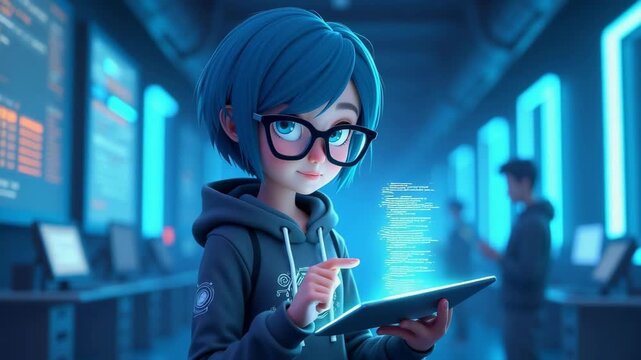 Young woman cartoon 3d stykle holding tablet with glowing holographic city data in modern blue lit tech office, concept of technology innovation