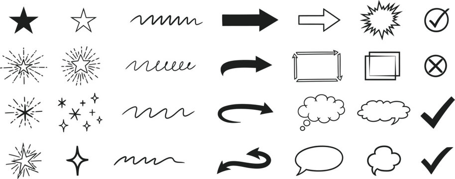 Hand drawn sketch elements set arrows stars check marks bubbles