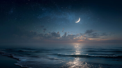 Serene coastal night scene with a crescent moon, stars, and ocean waves reflecting the moonlight, creating a tranquil and peaceful atmosphere, perfect for relaxation and meditation.