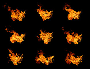 flame blaze at night concept. Set fire flame isolated black background. motion design, burst...