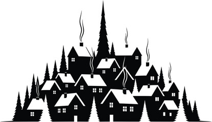 Fototapeta premium Stylized black silhouette of a village with houses and evergreen trees under a dark sky illustration
