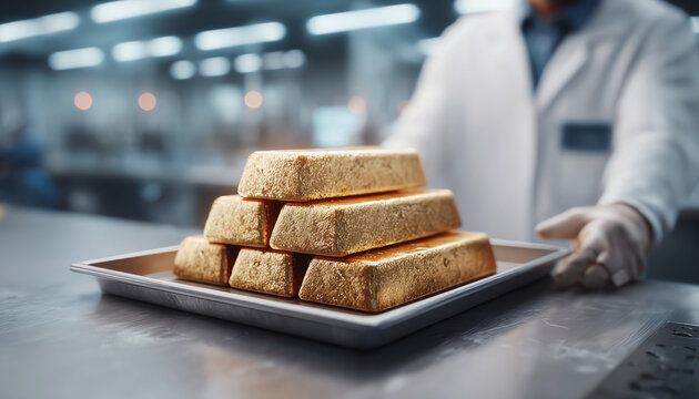 Worker with valuable stack of gold bar ingot bullion. precious metal for investment, finance and building wealth in secure factory