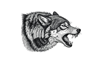 Aggressive wolf canis lupus with open mouth, showing teeth, classic engraving illustration