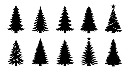 Collection of black silhouette christmas trees on white background