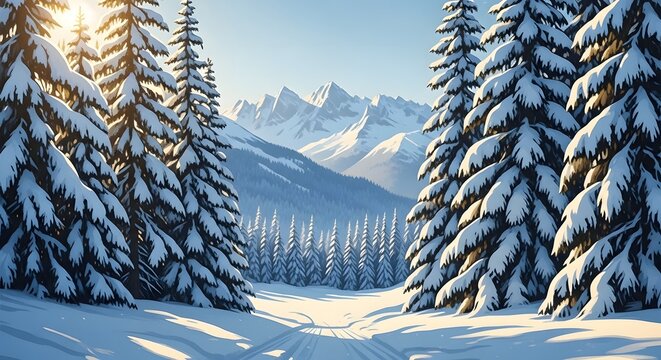Snow covered evergreen trees in a winter mountain landscape