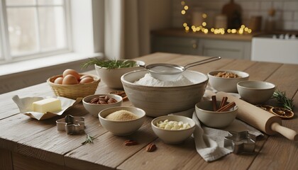 Christmas baking preparation with fresh ingredients for festive cookies on a rustic wooden table
