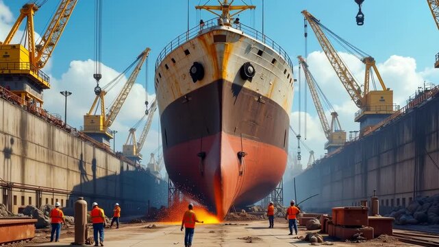 A massive rusty ship with being repaired in a large dry dock section of a bustling shipyard