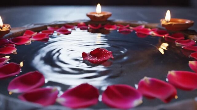 Traditional Karva Chauth ritual with Diyas rose petals and full moon
