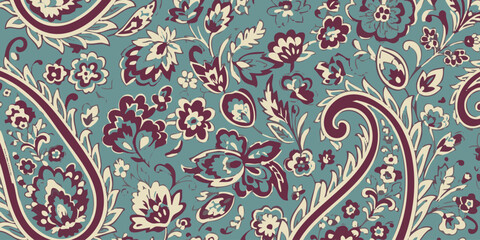 An ornate and detailed concept of a traditional Indian paisley pattern, featuring intricate floral designs in a vintage color palette © Dhani
