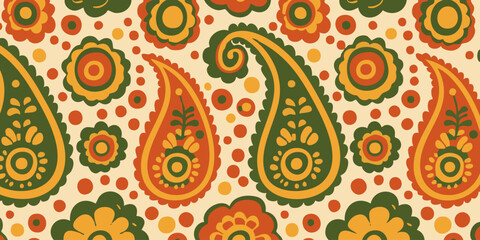 Colorful paisley pattern featuring vibrant floral and teardrop-shaped elements, ideal for fabric design