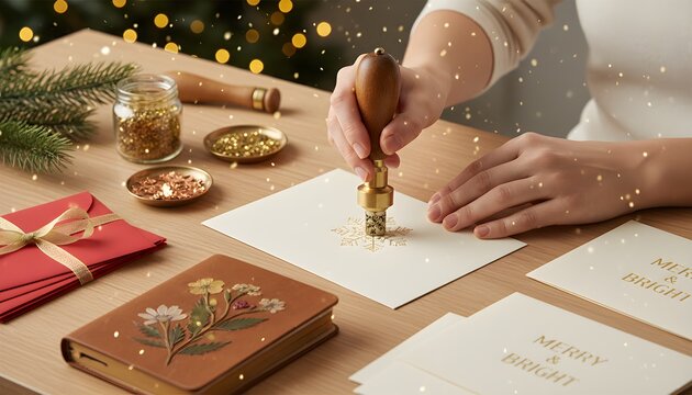 Festive Christmas card preparation with a person creating handmade holiday greetings using a gold wax seal stamp