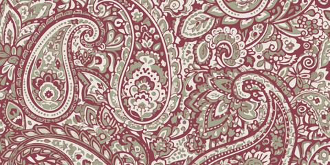 Elegant Paisley Pattern with Intricate Floral Designs in Rich Red and Beige Tones for Decorative Use