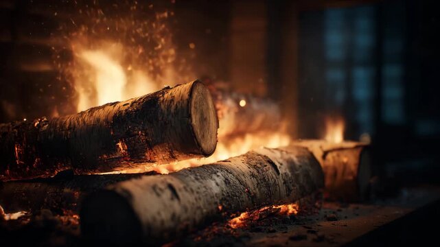 Warm flames dance in a cozy fireplace with glowing logs at night