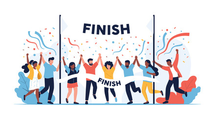 A diverse and joyful team crosses the finish line, celebrating their collective achievement and success with raised arms and confetti.